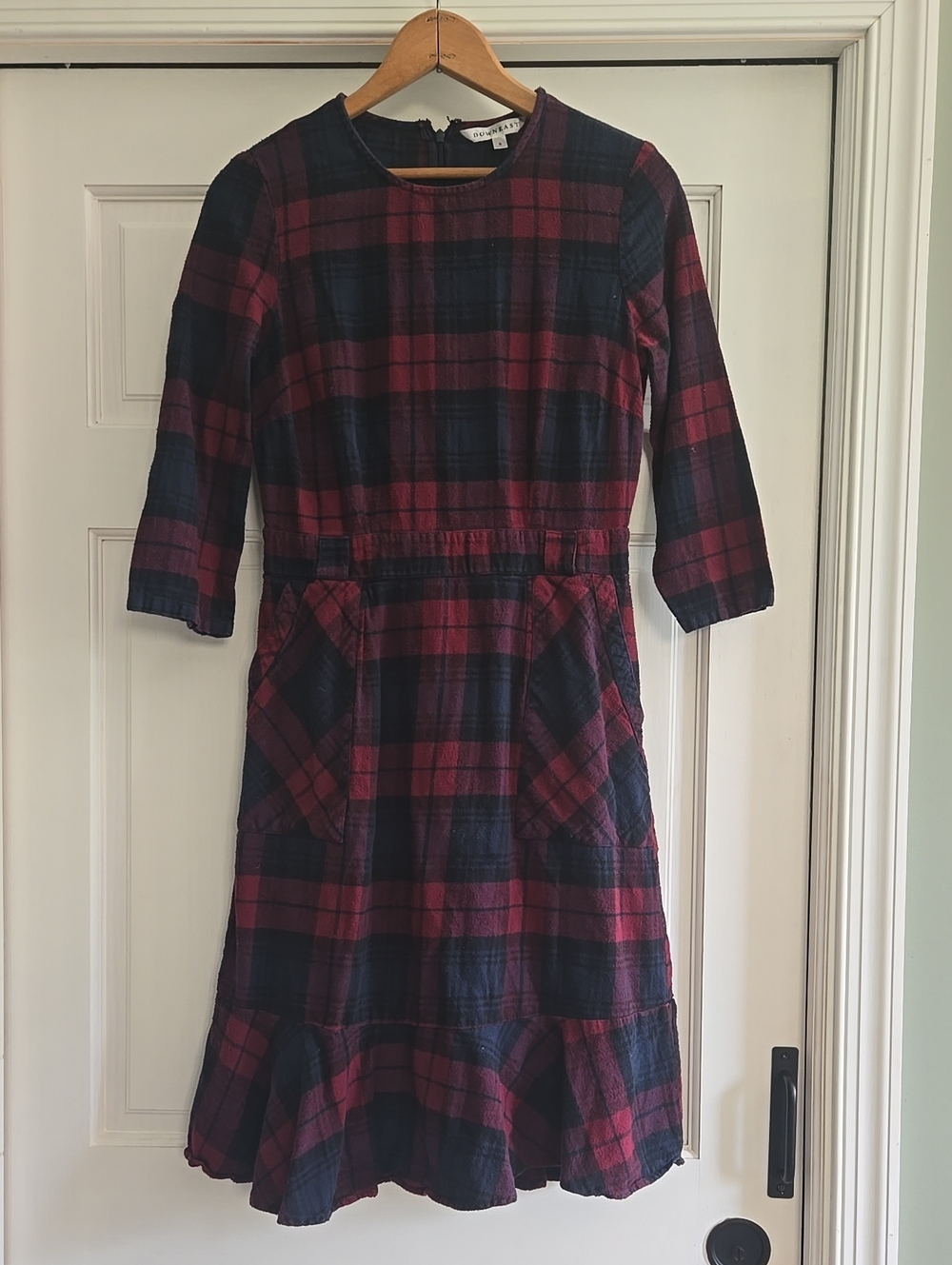 DownEast Plaid Long-Sleeve Dress in Navy and Burgundy